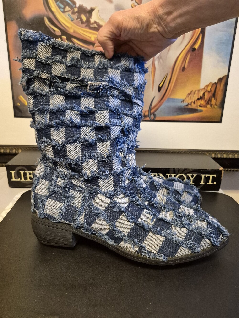 New Without Tags Blue Denim Fringe Boots W/Rhinestone Accents Size 9.5 - Picture 9 of 12